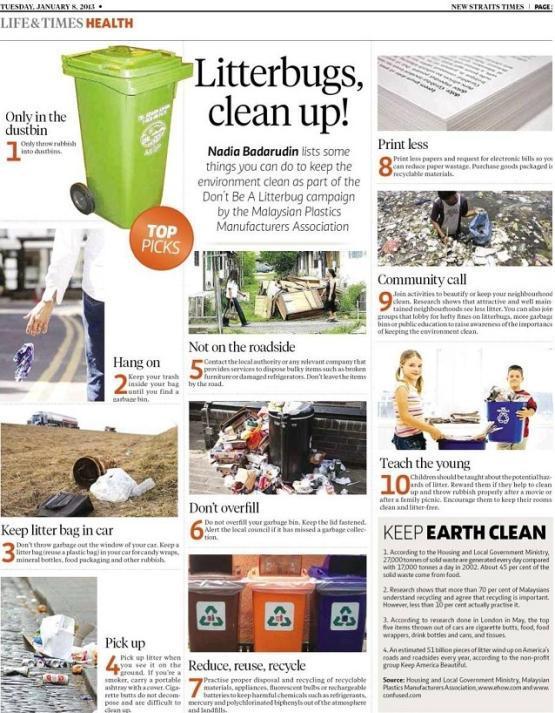 MPF/MPMA s Don t Be a Litterbug campaign featured in NST 8 January 2013 MPF/MPMA s Don t Be a Litterbug Campaign has reached the media s attention, the latest being in the Life