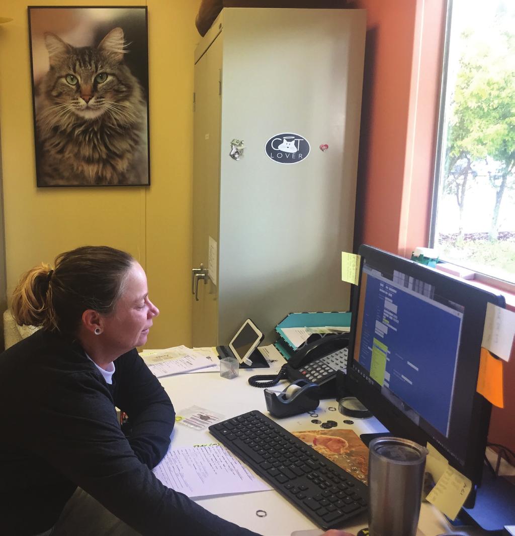 4 Shelter Tails Susan Powell, DVM, PhD evaluating the health of every cat at Woods - North County Rachelle Hiser, Adoption Program Manager, North County, updating records in our shared database