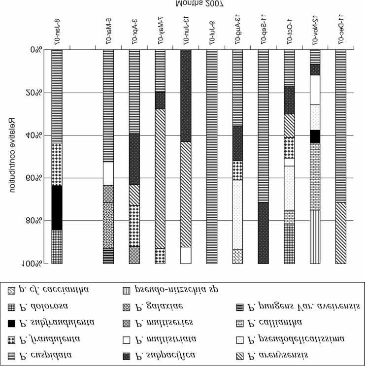 RIJAL LEBLAD B., LUNDHOLM N., GOUX D., VERON B., SAGOU R., et al. Fig. 4. Relative contributions of Pseudo-nitzschia species in M diq Bay in the period January to December 2007.