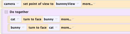 Cat Click on Cat in the Object Tree Make sure the Cat s Details Method Tab is chosen Drag the Cat s Turn to Face method into the code editor and choose Bunny > The Entire Bunny We want these two