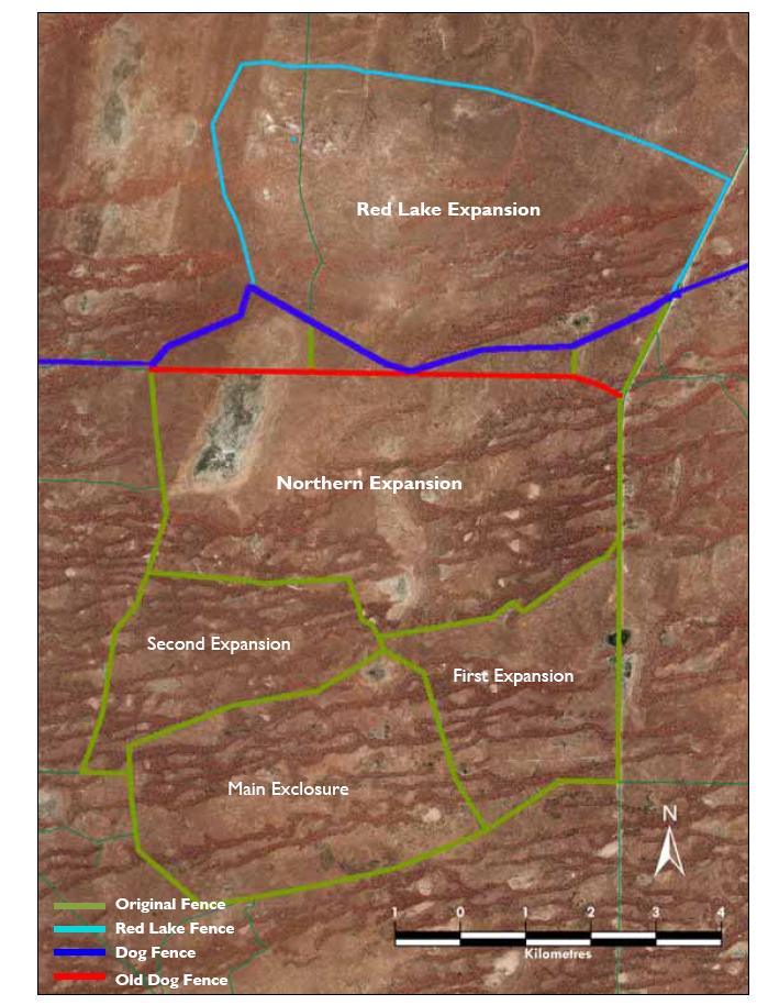 THE RESERVE The Arid Recovery Reserve is comprised of five adjoining sections totalling 86 square km; the main exclosure (14 square km), first expansion (8 square km), second expansion (8 square km),