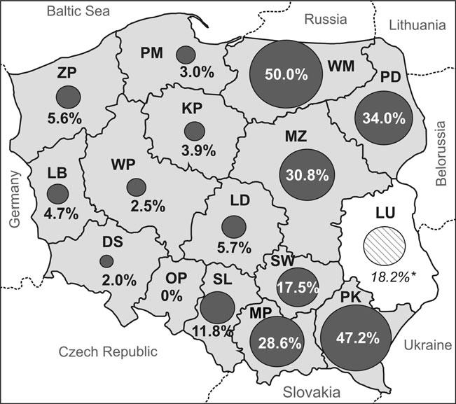 Parasitol Res (2014) 113:317 322 319 Fig. 1 Prevalence of E. multilocularis in Poland. Graycoloured provinces were included in the investigation described in this paper.