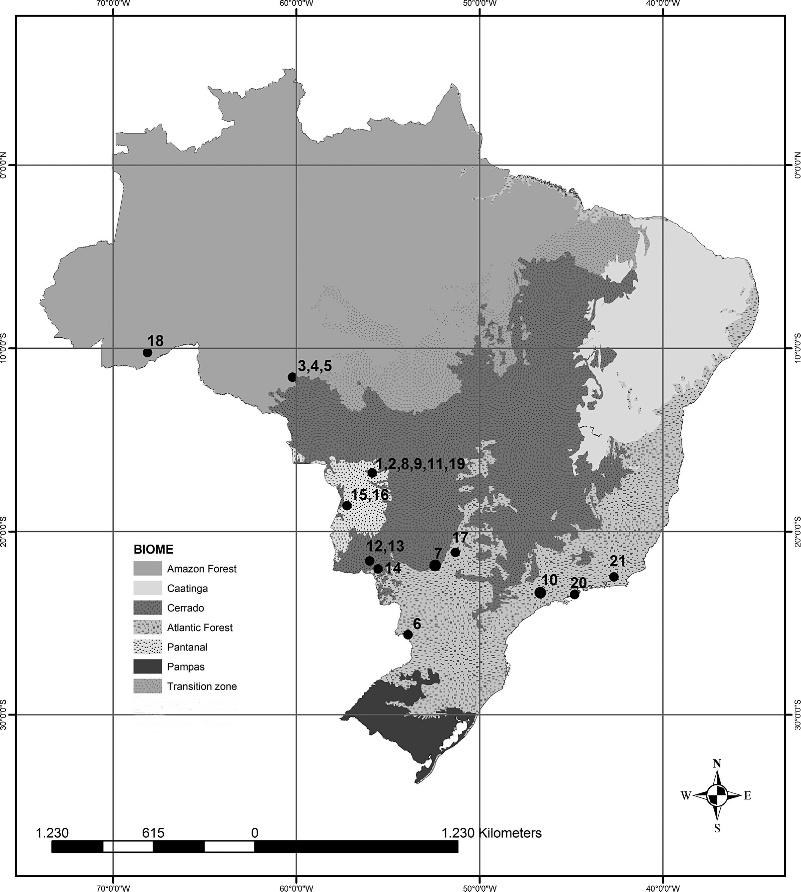 472 JOURNAL OF WILDLIFE DISEASES, VOL. 42, NO. 2, APRIL 2006 FIGURE 1. Map depicting the geographic areas within Brazil from which samples from 21 free-ranging felids were collected.