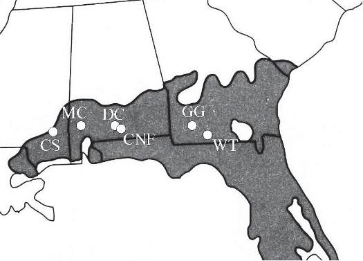 124 HERPETOLOGICAL MONOGRAPHS [No. 26 FIG. 1. Map of southeastern United States showing geographic range of Gopher Tortoises (shaded) and location of study sites.