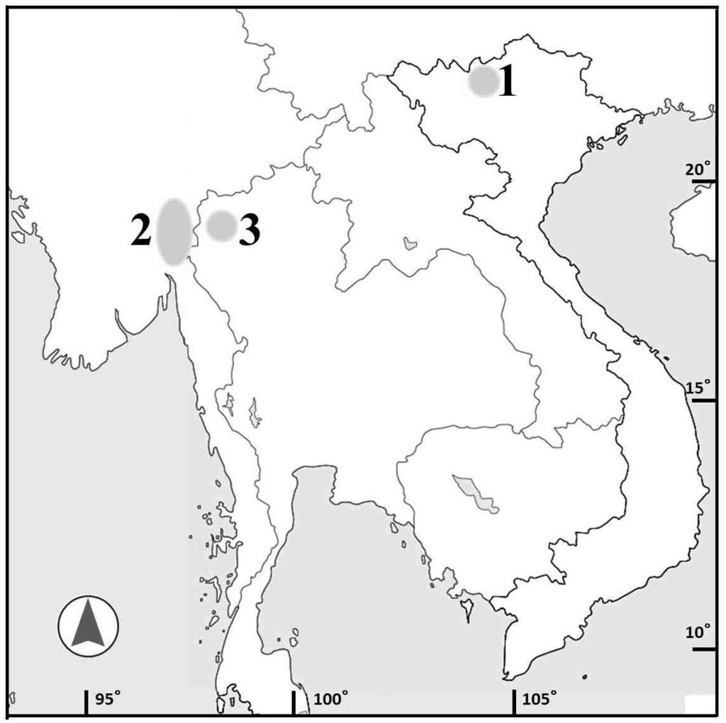 MASAFUMI MATSUI et al. Figure 5. Map of Southeast Asia showing the type localities of Gracixalus sapaensis sp. nov. in Vietnam (1) and of G.
