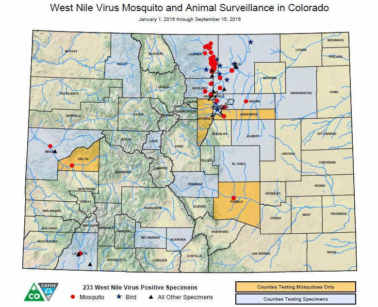 Colorado 2016 As of October 14 th, 2016 The Colorado Department of Health and Environment has identified 130 cases of human West Nile virus (WNv) infections.