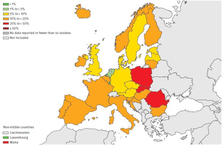Streptococcus pneumoniae: percentage of invasive isolates not susceptible to macrolides; EU/EEA, 2015 Update with 2016 data: 15 Nov.