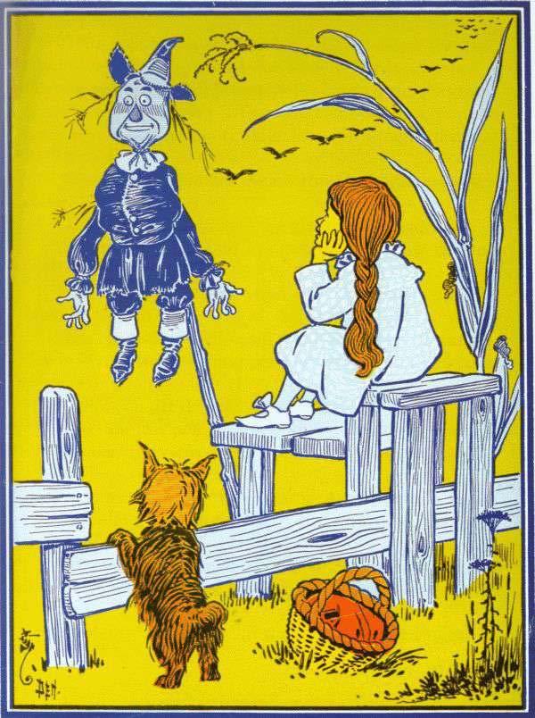 23 "Dorothy gazed thoughtfully at the Scarecrow." "Certainly," answered the Scarecrow; "how do you do?" "I'm pretty well, thank you," replied Dorothy, politely; "how do you do?