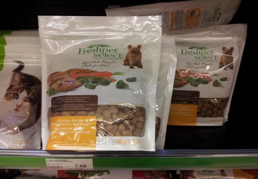 Competitive price: at Loblaws, 794g pack Freshpet Chicken Recipe with Carrots and Spinach dog food is C$7.