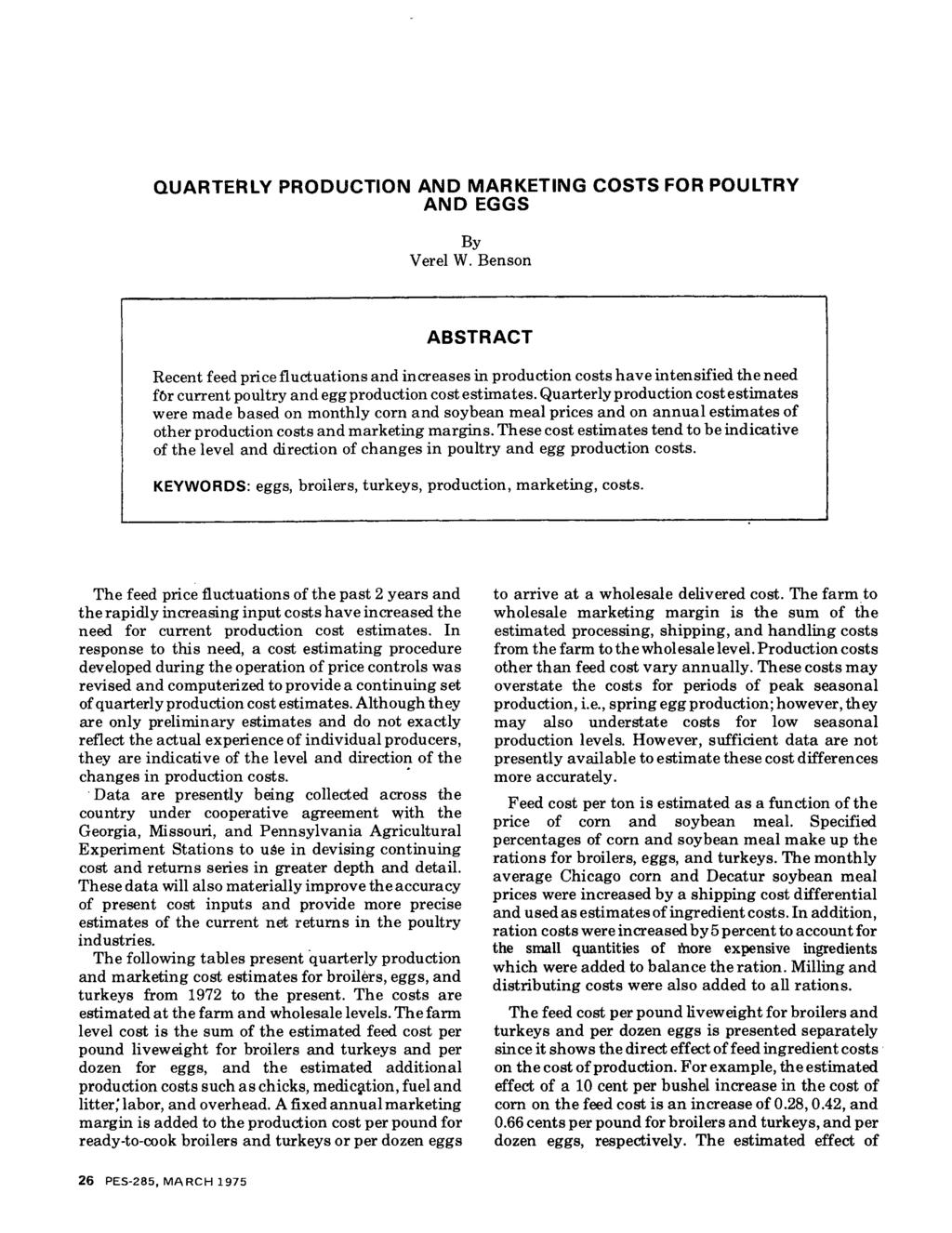 QUARTERLY PRODUCTON AND MARKETNG COSTS FOR POULTRY AND EGGS By V erel W.