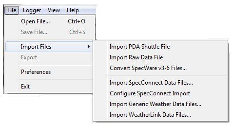 3. SpecConnect Exports In SpecWare, click File - Import Files - Import SpecConnect Data Files to import a SpecConnect export file (fig. 13).