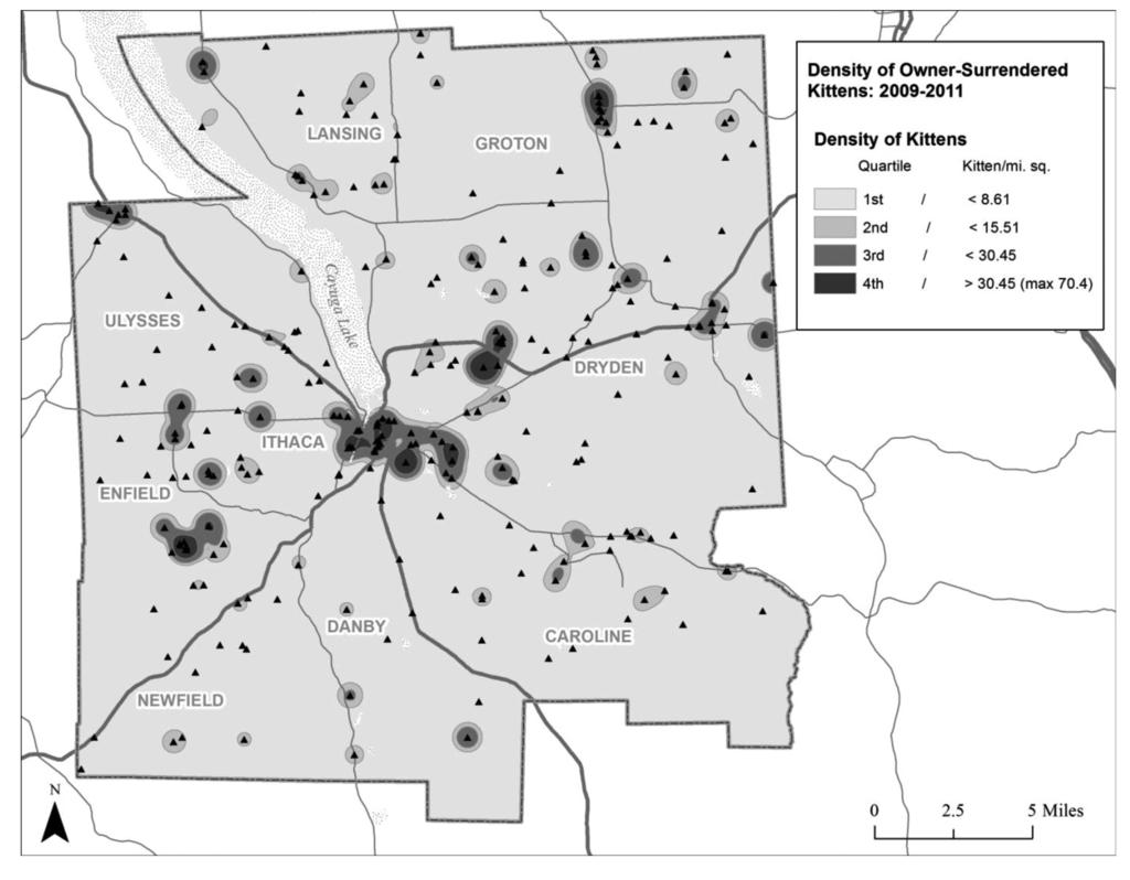 302 READING, SCARLETT, BERLINER FIGURE 2 square mile. Density of caregiver-surrendered kittens in Tompkins County from 2009 to 2011. mi. sq. D identified in 16 clusters that contributed 27.
