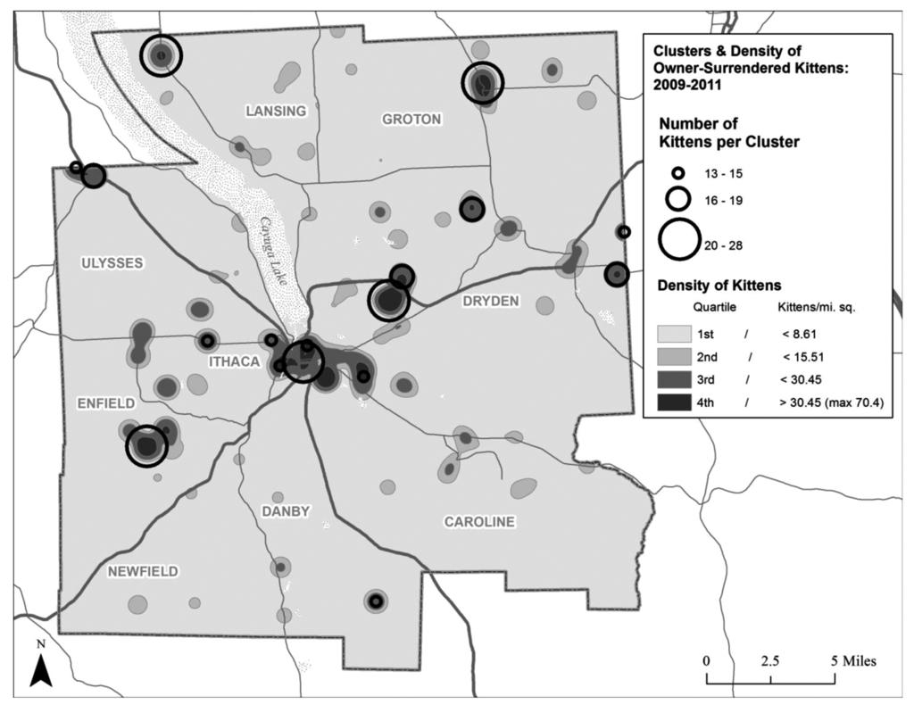 IDENTIFYING AND MAPPING KITTEN CLUSTERS USING GIS 303 FIGURE 3 square mile. Clusters of caregiver-surrendered kittens within Tompkins County from 2009 to 2011. mi. sq. D study; future population reduction efforts within the county may benefit from targeting clusters in these land use areas.