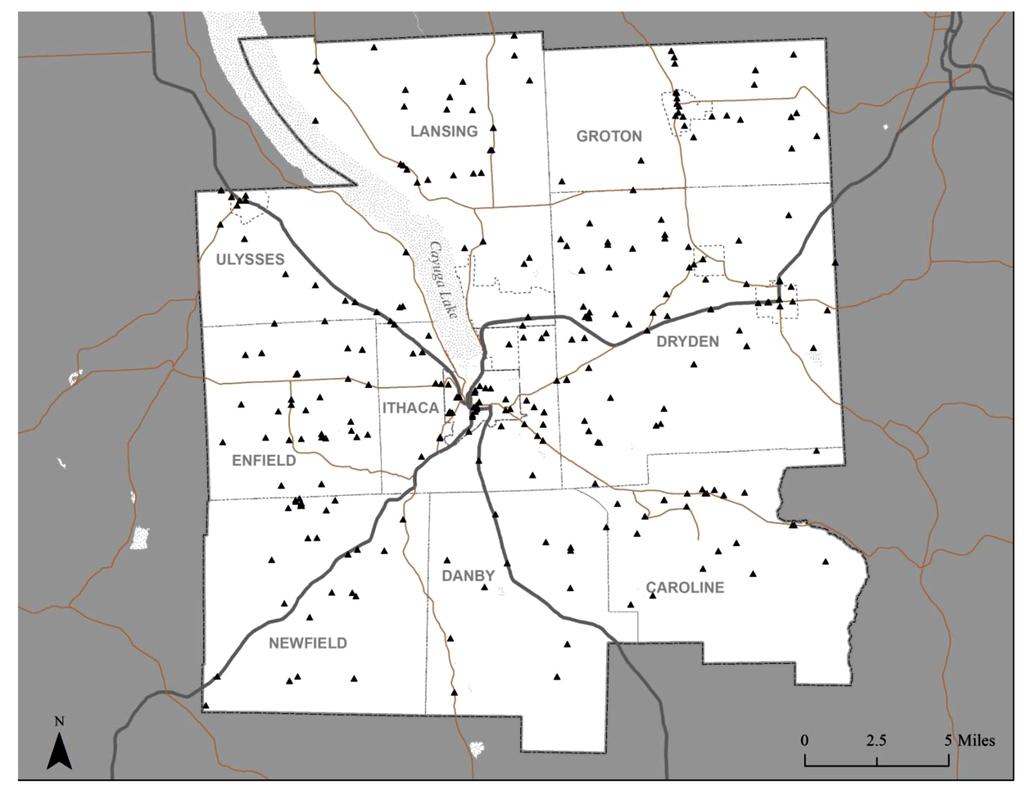 IDENTIFYING AND MAPPING KITTEN CLUSTERS USING GIS 301 FIGURE 1 Origins of kittens surrendered by caregiver to the SPCA of Tompkins County from 2009 to 2011 (color figure available online).