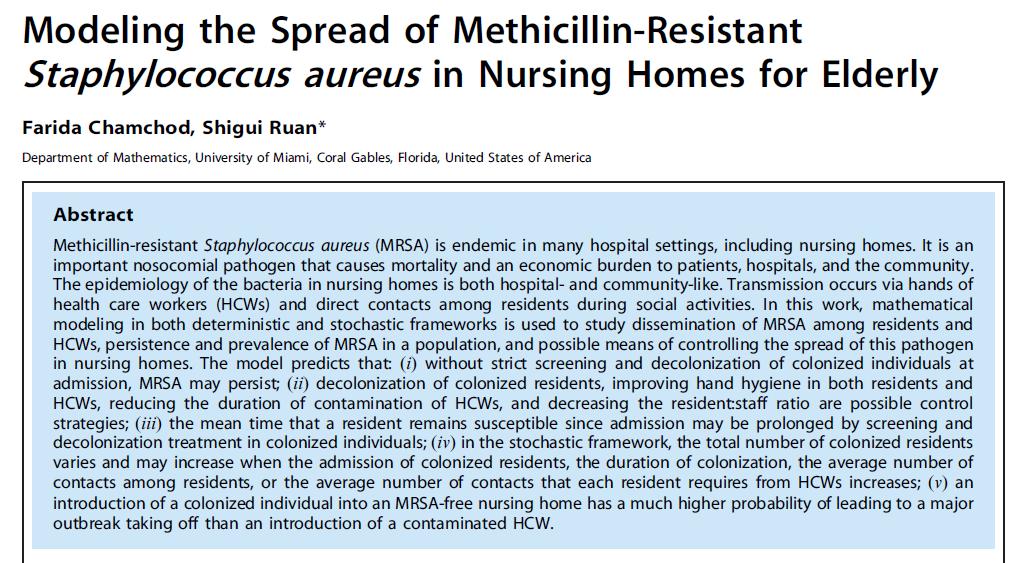 The model predicts that: (i) without strict screening and decolonization of colonized individuals at admission, MRSA may persist; (ii) decolonization of colonized residents, improving hand hygiene in