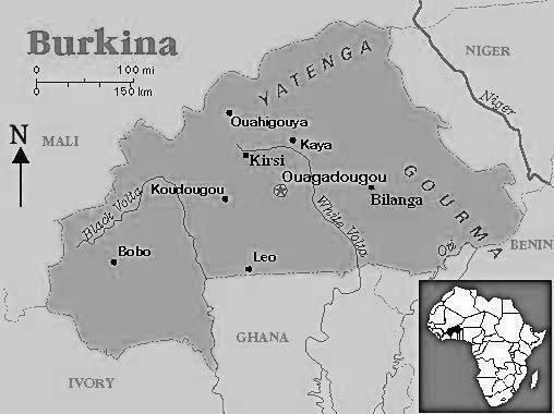 Burkina Faso map showing the location of Kirsi and Bilanga On my last morning I brought out all of my bags and my family put them in a donkey cart.