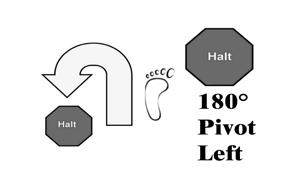 HALT - 180 Pivot Left - HALT (49-03-17) With the dog sitting in heel position, the handler commands the dog to heel and the team pivots 180º to the left.