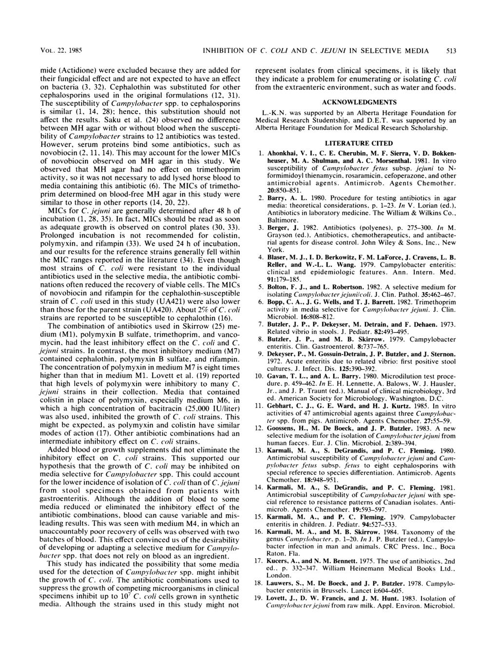 VOL. 22, 1985 INHIBITION OF C. COLI AND C.