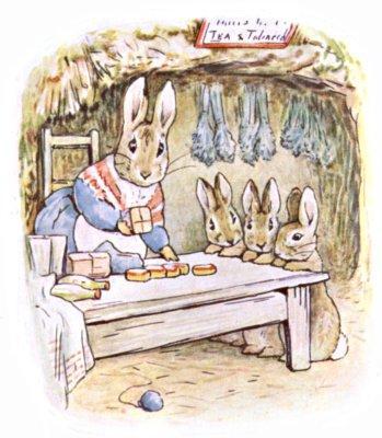 As soon as they had passed, little Benjamin Bunny slid down into the road, and set off with a hop, skip, and a jump to call upon his relations, who lived in the wood at the back of Mr.