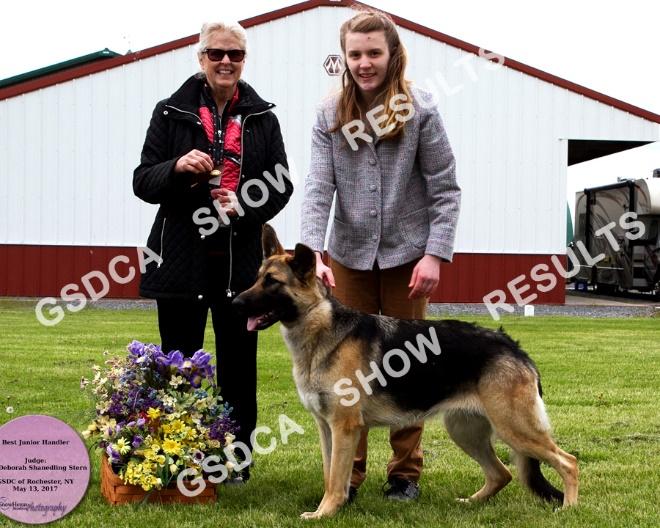GSDC of Rochester NY Specialty, Saturday, May 13 th 2017 JUNIOR SHOWMANSHIP Open Intermediate 256 AM: 2 nd PM: 2 nd Lilly Flora 68639617002. Wunder's Rising Star. DN30363402. 3/25/2011. Bitch.