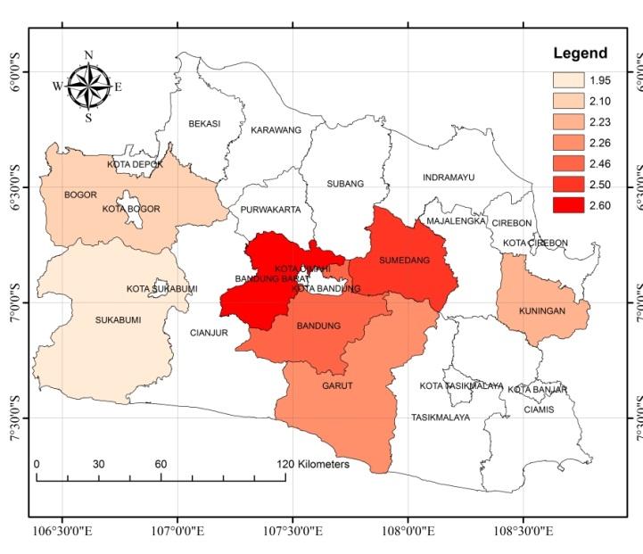 Figure 2: Spatial model of good dairy milking practices in West Java 3.3. Sub-clinical Mastitis Prevalence Milk samples test from each quarter were tested using reagent IPB-1.