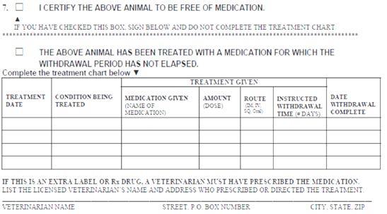 ANIMAL MEDICATION: You MUST select either #1 or #2 below but not both! 1. IF THE ANIMAL IS CURRENTLY FREE OF DRUG RESIDUE: Check the box. 2.