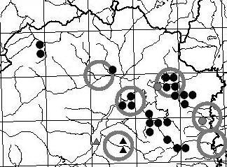 Figure 9. Distribution map of the R. temporaria and R. arvalis in the studied region. Data from this sudy: black point - R.