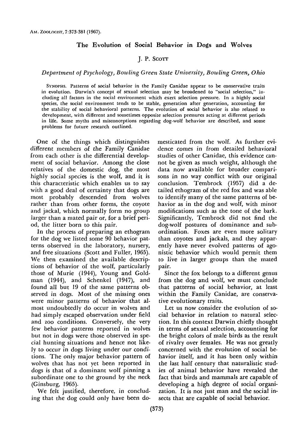 AM. ZOOLOGIST, 7:373-381 (1967). The Evolution of Social Behavior in Dogs and Wolves J. P. SCOTT Department of Psychology, Boioling Green State University, Bowling Green, Ohio SYNOPSIS.