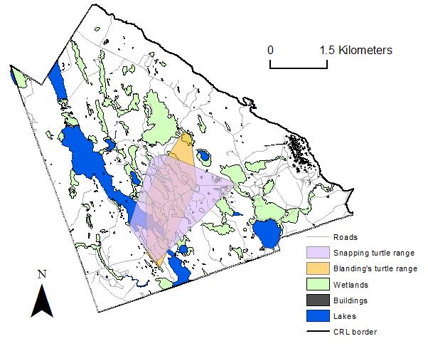 Figure 4. Blanding s and Snapping turtle regional population ranges at CRL, Ontario, Canada. Marsh > Upland > Bog > Swamp > Lake Figure 5.