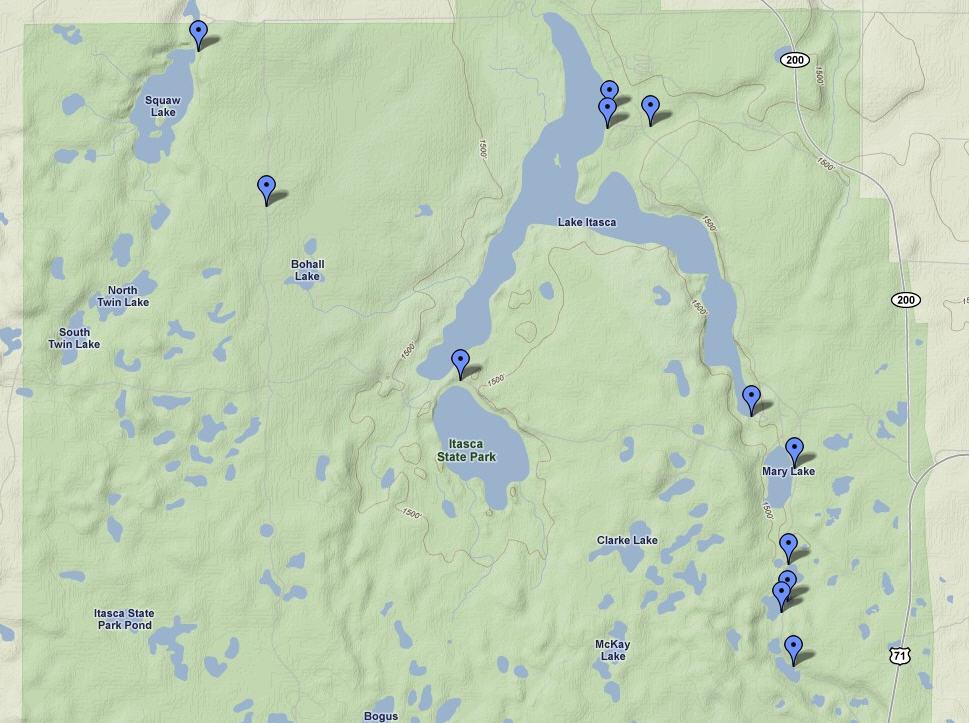 human traffic so that the effect of the presence of observers was minimized. Fig 1.) Map showing locations of each subject bird in Itasca State Park.