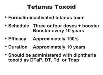 Among these 18 patients, one (%) death occurred; the death was in an injection-drug user whose last dose of tetanus toxoid was 11 years before the onset of tetanus.
