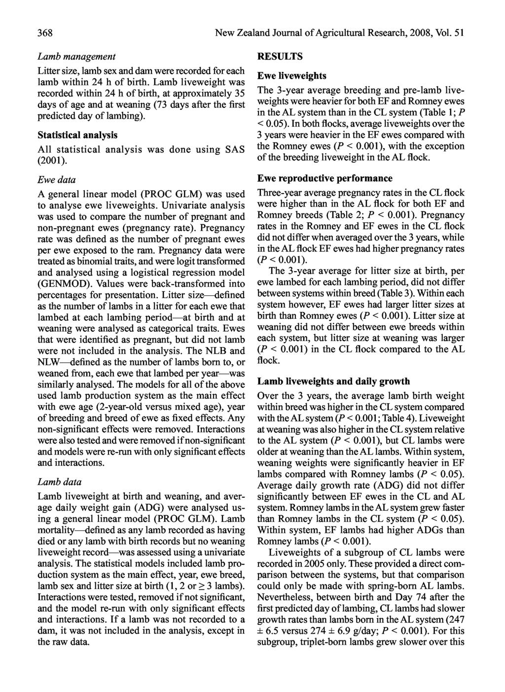 368 New Zealand Journal of Agricultural Research, 2008, Vol. 51 Lamb management Litter size, lamb sex and dam were recorded for each lamb within 24 h of birth.