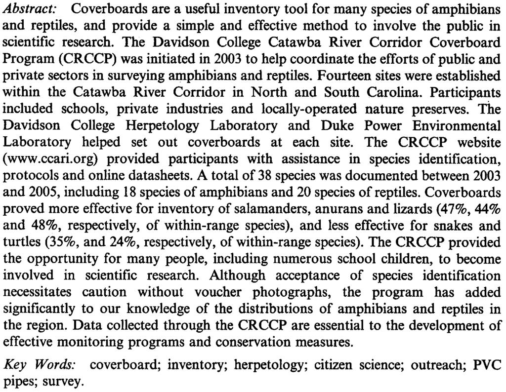 Journal of the North Carolina Academy of Sciences, 1(4), 006, pp. 14-151 CATAWBA RIVER CORRIDOR COVERBOARD PROGRAM: A CITIZEN SCIENCE APPROACH TO AMPHIBIAN AND REPTILE INVENTORY SHANNON E.