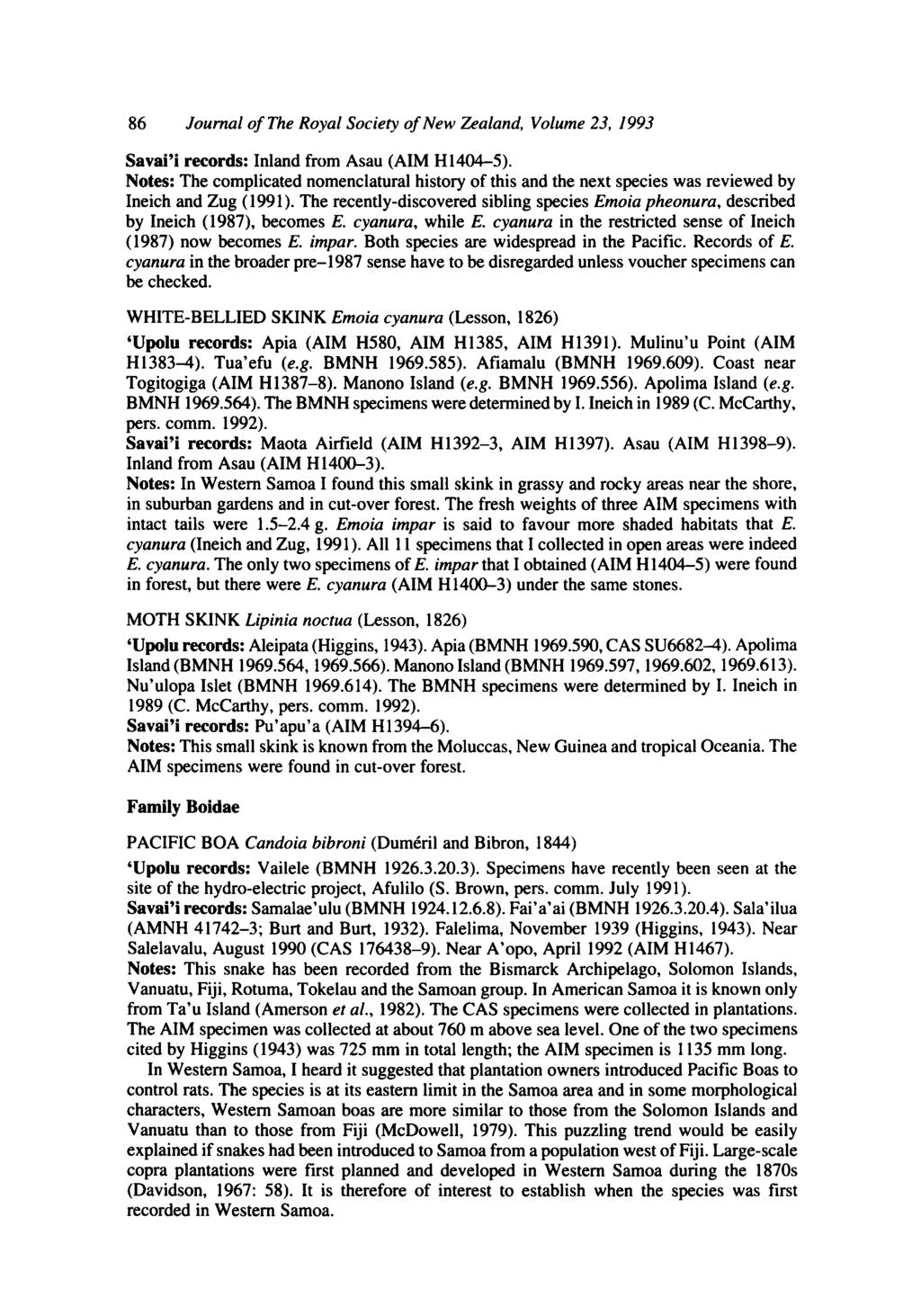 86 Journal of The Royal Society of New Zealand, Volume 23, 1993 Savai'i records: Inland from Asau (AIM Hl404-5).