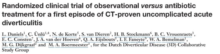 528 patients with left-sided uncomplicated acute diverticulitis at 22 sites in the Netherlands Could have up to 5cm abscess Randomized to
