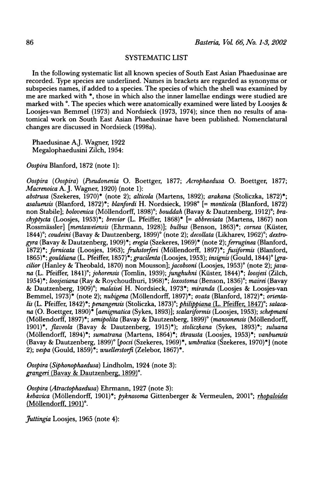 86 Basteria, Vol. 66, No. 13, 2002 SYSTEMATIC LIST In the following systematic list all known species of South East Asian Phaedusinae are recorded. Type species are underlined.