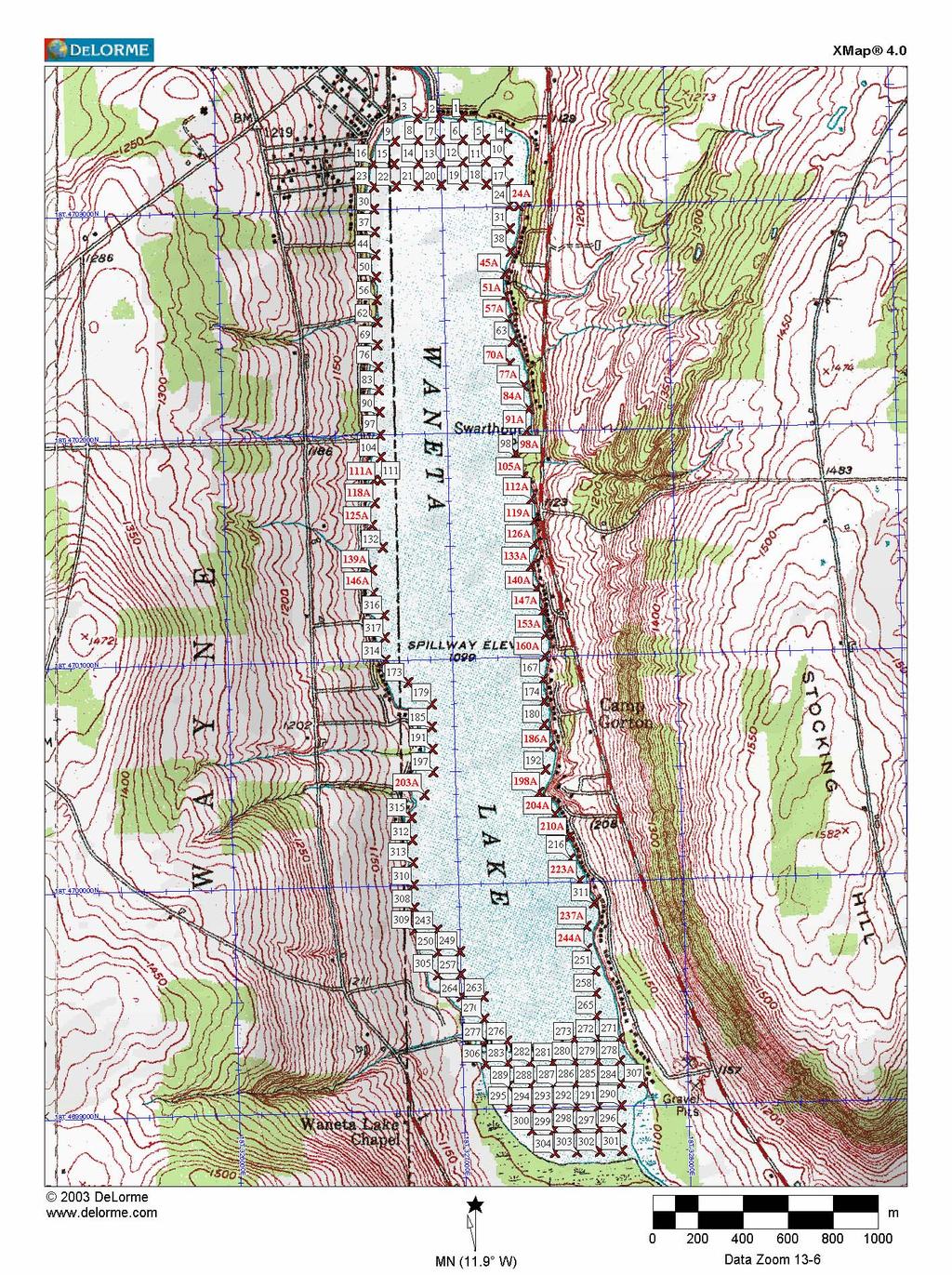 Figure 1. Locations in Waneta Lake where rake toss measurements were taken from August 27 - September 15, 2008.