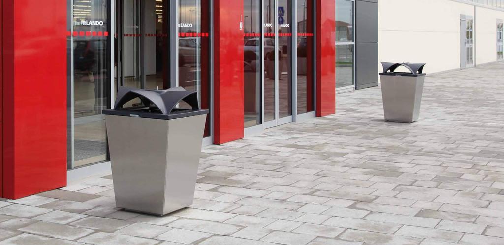 Ecomix Raffaele Lazzari Litter bin, in a truncated pyramid shape, made in steel sheet with cast aluminum cover, which can be painted in four colors to facilitate the