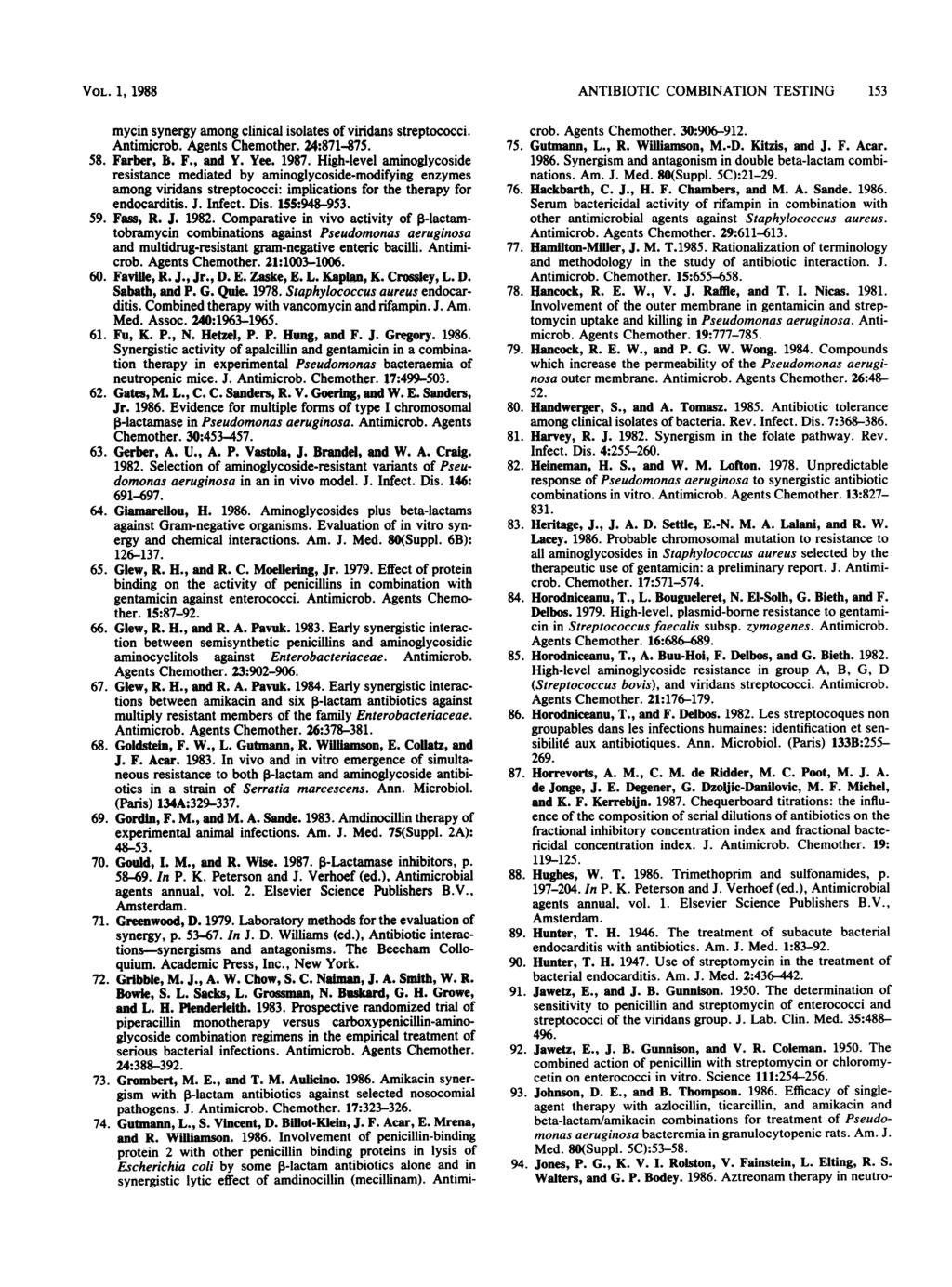 VOL. 1, 1988 mycin synergy among clinical isolates of viridans streptococci. Antimicrob. Agents Chemother. 24:871-875. 58. Farber, B. F., and Y. Yee. 1987.