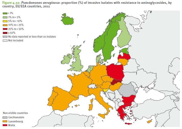 P. aeruginosa: proportion of invasive isolates with resistance to AG or FQ in 2011 European Antimicrobial Resistance Surveillance Network (EARS-Net) European Centre for Disease