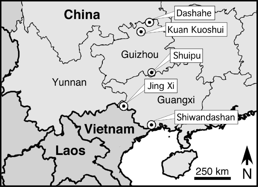 2 S.E. Bush and R.G. Robbins Figure 1. Map of field sites in southern China. Mist nets and harp traps were set within the forest and at caves to capture bats (Hastriter and Bush 2010).