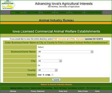 Animal Welfare Licensee Search Site Searches by: Business/Owner Name