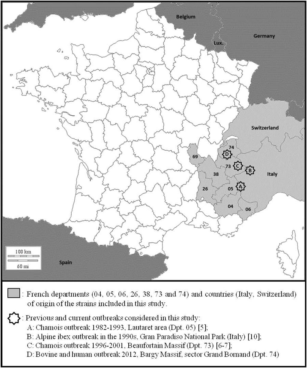 Figure 1. Survey area with current and previous Brucella melitensis bv 3 outbreaks in wild ungulates in the Alps. doi:10.1371/journal.pone.0094168.