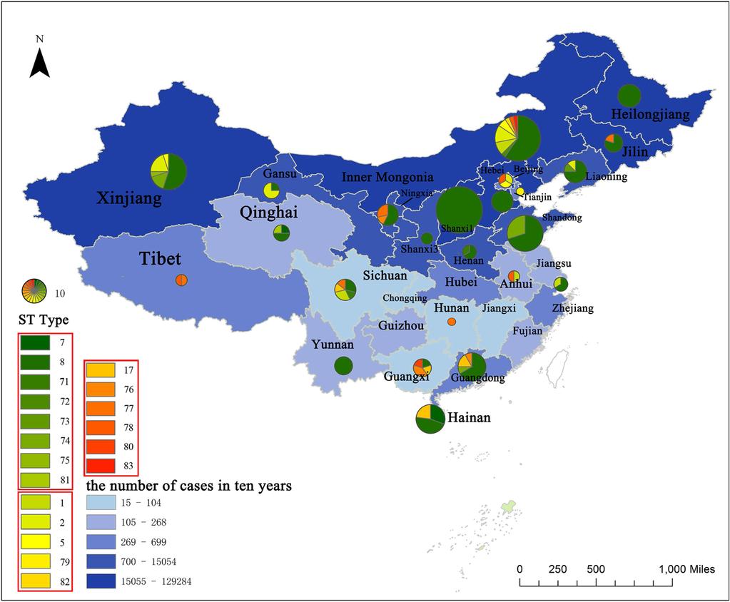 Piao et al. BMC Microbiology (2018) 18:7 Page 4 of 6 Fig. 1 Distribution of MLST in China. Size of circles reflects the number of isolates in a particular province.