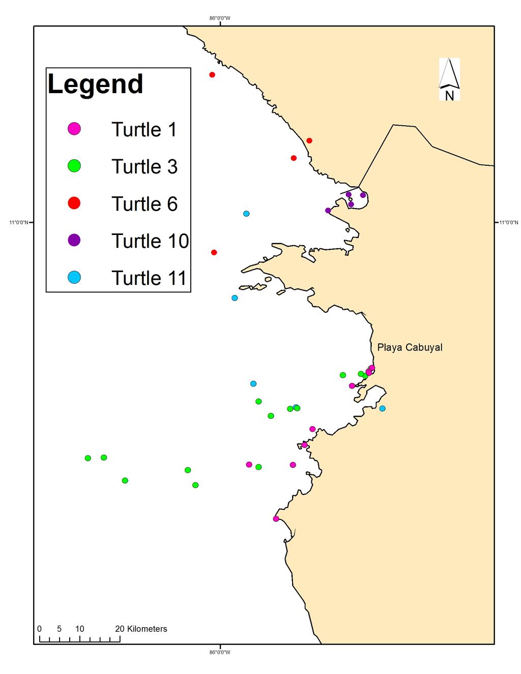 Figure 11: Examples of turtle dispersion during the inter-nesting period. All of these turtles nested again on Cabuyal.