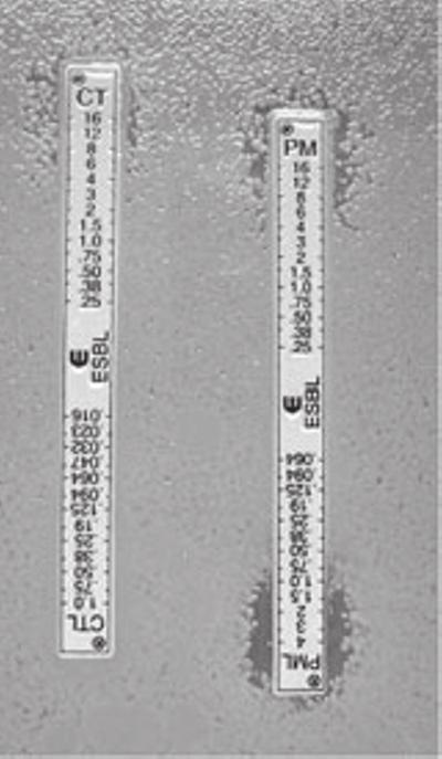 (e) ESBL Etests on agar containing cloxacillin (200 mg L) with EC1. MICs are: CT 1 mg L, CTL >1 mg L, PM 1 mg L, PML 0.75 mg L.