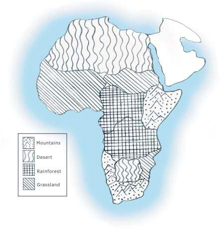 African Wonderland There are many different types of landforms in Africa. Use the map key to help you color in this map of Africa. mountains N deserts rainforests W E grasslands S 1.