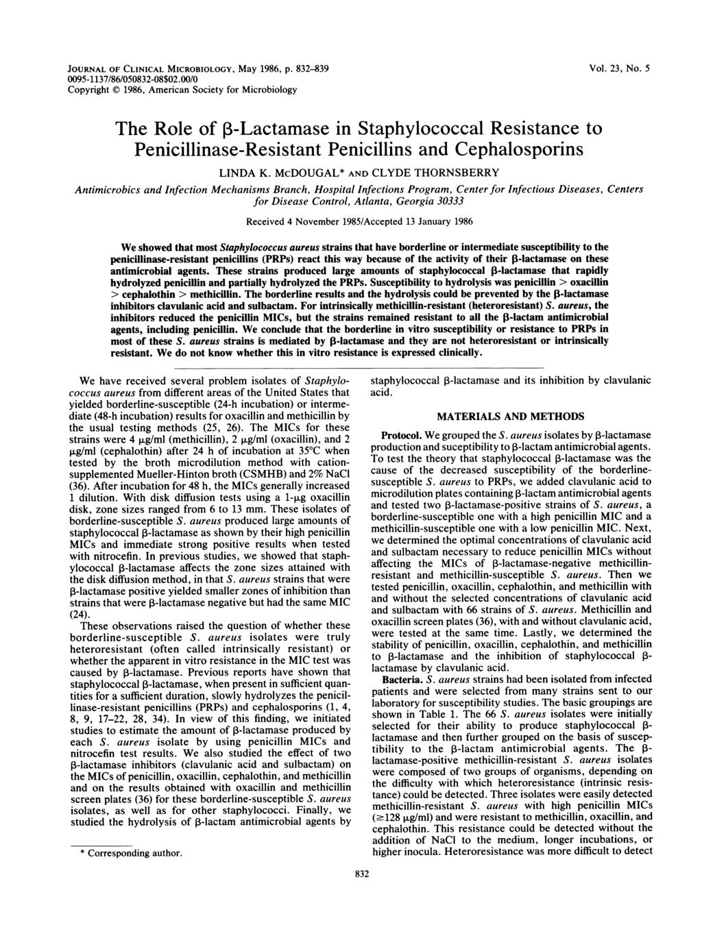 JOURNAL OF CLINICAL MICROBIOLOGY, May 1986, p. 832-839 0095-1137/86/050832-08$02.00/0 Copyright C 1986, American Society for Microbiology Vol. 23, No.