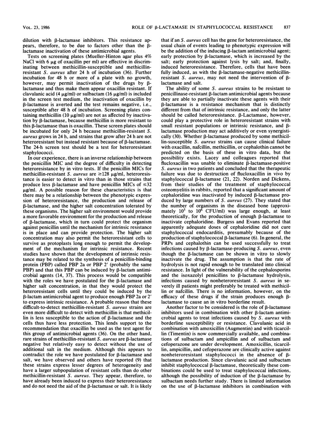 VOL. 23, 1986 ROLE OF P-LACTAMASE IN STAPHYLOCOCCAL RESISTANCE 837 dilution with P-lactamase inhibitors.