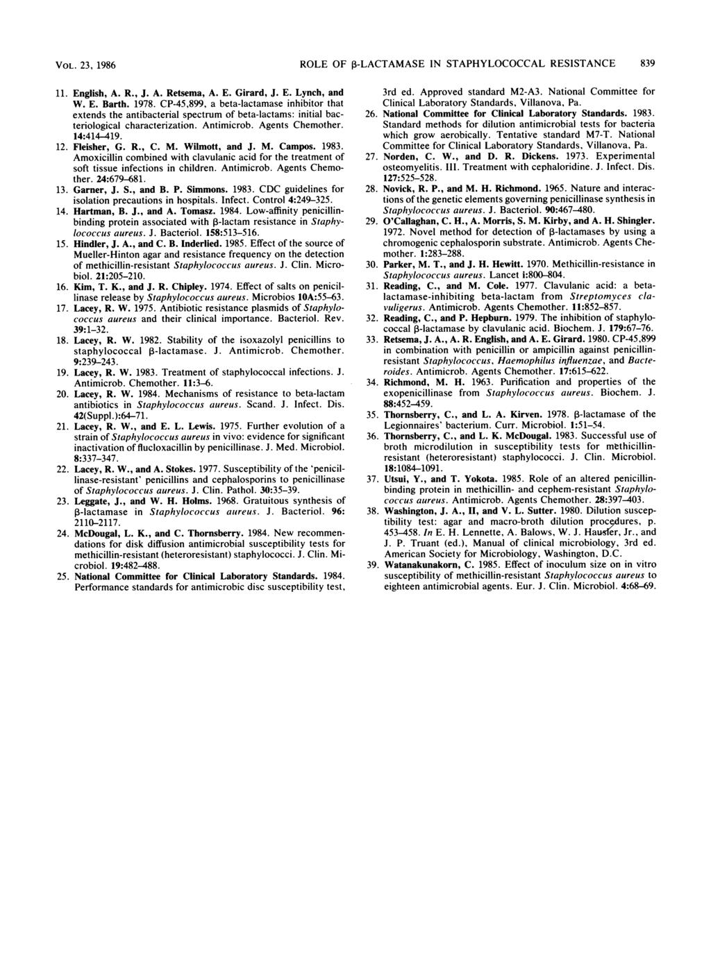 VOL. 23, 1986 ROLE OF 1-LACTAMASE IN STAPHYLOCOCCAL RESISTANCE 839 11. English, A. R., J. A. Retsema, A. E. Girard, J. E. Lynch, and W. E. Barth. 1978.